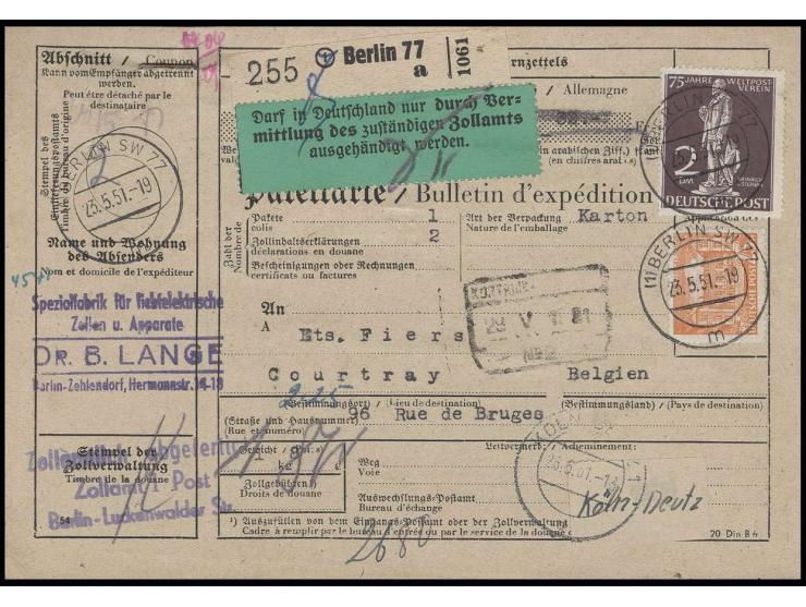 Stephan 2 M. in Mischfrankatur mit Bauten 25 Pfg. auf kompletter Auslandspaketkarte von "BERLIN SW 77/23.5.51" nach Belgien, 