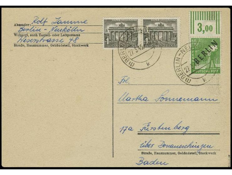 Bauten 1 Pfg. im waagerechten Paar und Schwarzaufdruck 10 Pfg. mit Oberrand als portogerechte Frankatur auf Postkarte von "BE