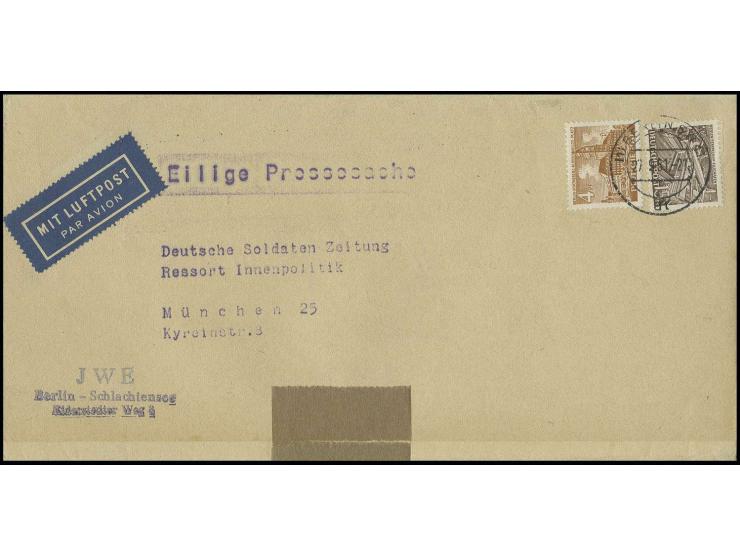 15 Pfg. und 4 Pfg. als portogerechte Frankatur auf Luftpost-Drucksachen-Streifband bis 50 g von "BERLIN SW 11/27.9.51" nach M