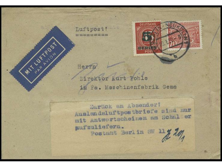 20 Pfg. und Grünaufdruck 5 Pfg. auf Luftpostbrief von "BERLIN-NEUKÖLLN 1/20.1.50" nach St. Ingbert, Saarland, mit Aufkleber "