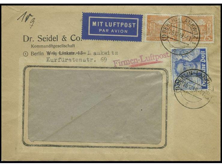 25 Pfg. (2) und Goethe 30 Pfg. als portogerechte Frankatur auf "Firmen-Luftpost"-Fensterbrief von "BERLIN-LANKWITZ 25.10.49" 