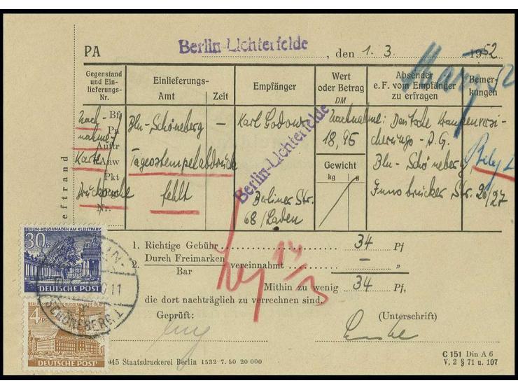 30 Pfg. und 4 Pfg. auf Gebührenmeldung-Formular von "BERLIN-SCHÖNEBERG 1/10.3.52" für eine unfrankierte Nachnahme-Drucksachen