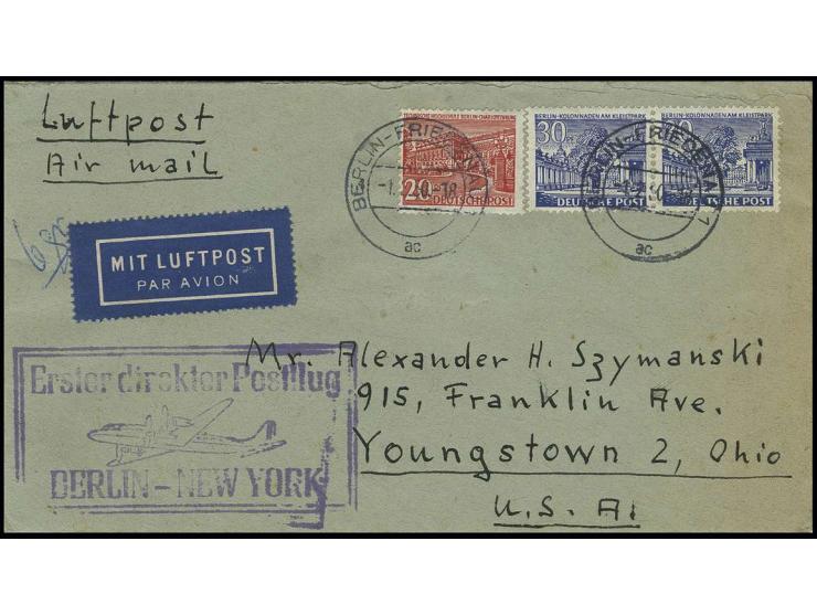 30 Pfg. im waagerechten Paar und 20 Pfg. als portogerechte Frankatur auf Luftpost-Brief von "BERLIN-FRIEDENAU 1/1.2.50" in di