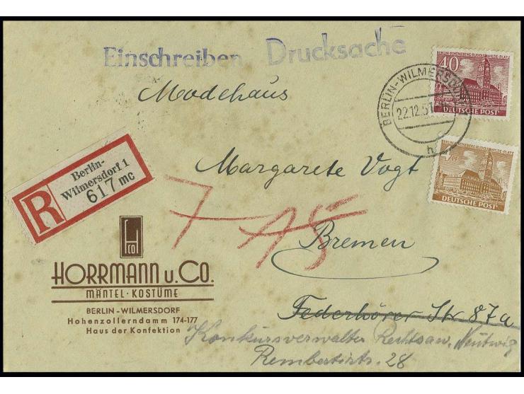 40 Pfg. und 4 Pfg. als portogerechte Frankatur auf Einschreibe-Drucksachenumschlag von "BERLIN-WILMERSDORF 1 22.12.51" nach B