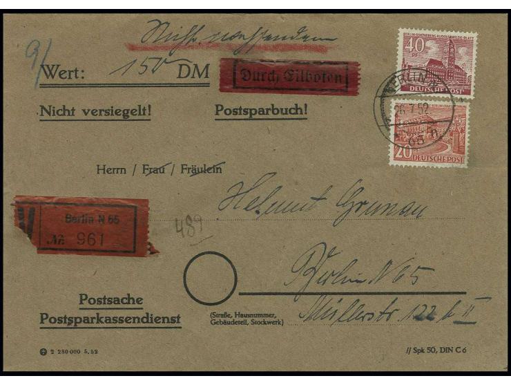 40 Pfg. und 20 Pfg (unten rechts 2 kurze Zähne) für die Eilboten-Gebühr auf sonst portofreiem Postsachen-Wertbrief des Postsp
