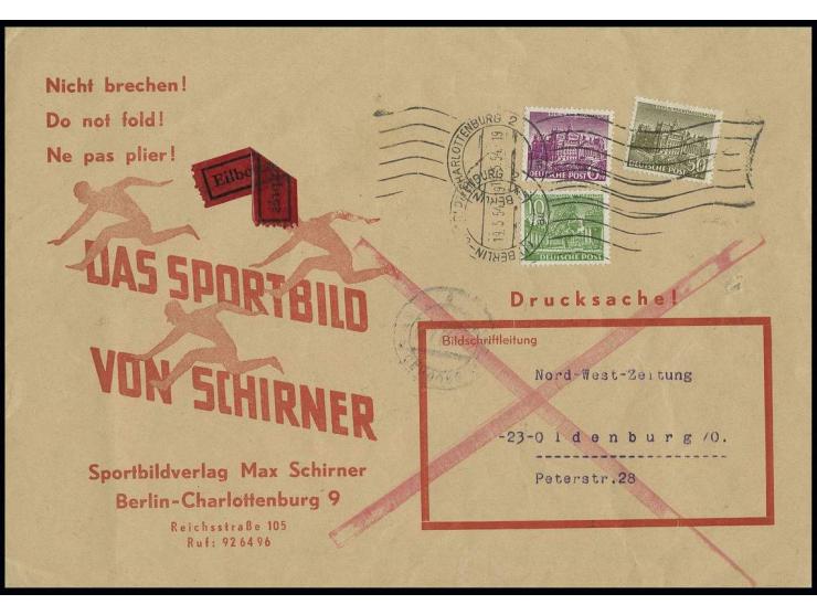 50 Pfg., 10 Pfg. und 6 Pfg. als portogerechte Frankatur auf Eilboten-Drucksachenumschlag bis 50 g (Großformat) von "BERLIN-CH