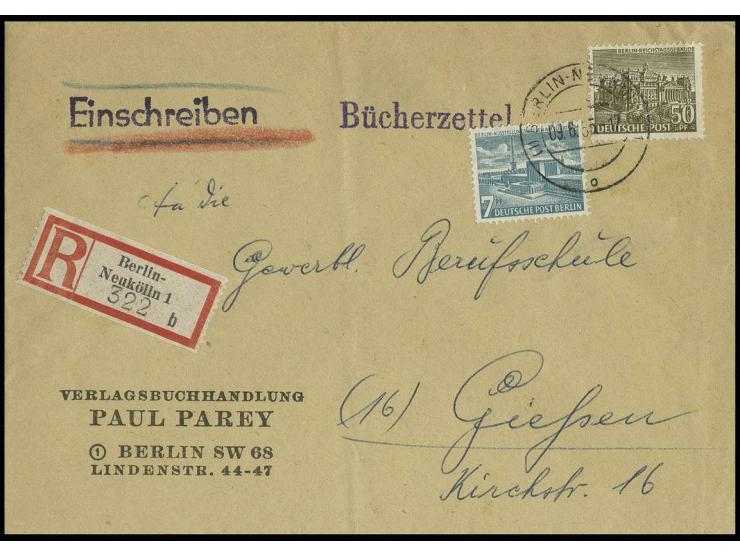 50 Pfg. und 7 Pfg. als portogerechte Frankatur auf Einschreibe-Drucksachenumschlag von "BERLIN-NEUKÖLLN 1 9.6.55" mit L1 "Büc