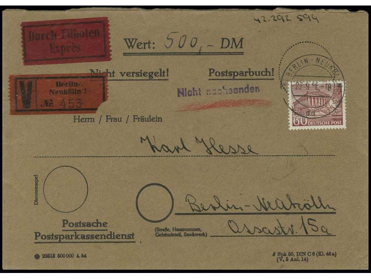 60 Pfg. für die Eilbotengebühr auf sonst portofreiem Postsachen-Wertbrief der Postparkasse von "BERLIN-NEUKÖLLN 22.9.56" in d