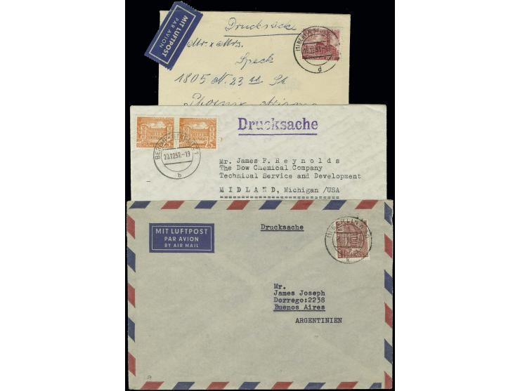 60 Pfg., 40 Pfg. und 25 (2) jeweils als portogerechte Einzel- bzw. Mehrfachfrankatur auf 3 Luftpost-Drucksachenumschlägen von