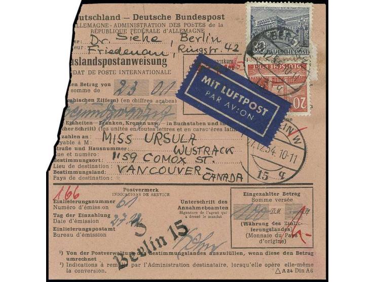 80 Pfg. und 20 Pfg. auf Luftpost-Postanweisung von "BERLIN W 15/27.12.54" nach Vancouver, Kanada, Formular fehlerhaft und 1 W