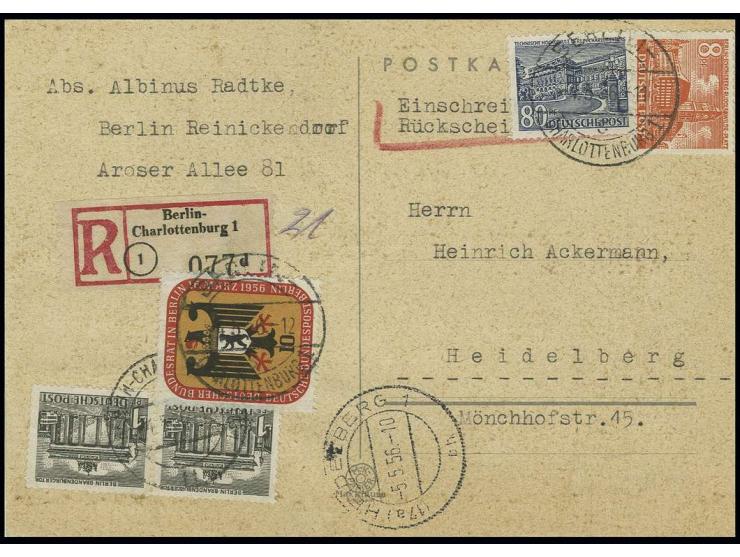 80 Pfg., 8 Pfg. und 1 Pfg. (2) sowie Deutscher Bundesrat 10 Pfg. als portogerechte Frankatur auf Einschreibe-Rückschein-Postk