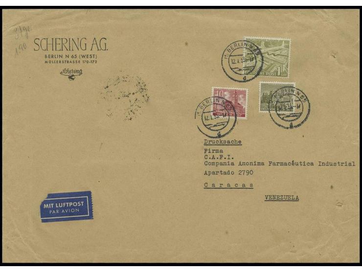 1 M., 50 Pfg. und 40 Pfg. als portogerechte Frankatur auf Luftpost-Drucksachenumschlag bis 40 g (Großformat) von "BERLIN N 65