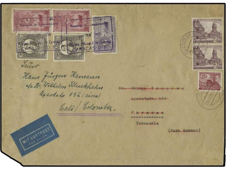 2 M. im senkrechten Paar und 40 Pfg. als portogerechte Frankatur auf Luftpost-Brief  bis 70 g (Großformat) von "BERLIN SW 11 
