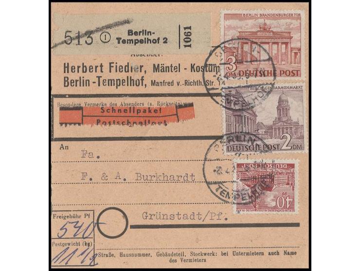 3 M., 2 M. und 40 Pfg. auf Schnell-Paketkarte aus "BERLIN-TEMPELHOF 2.4.53" nach Grünstadt