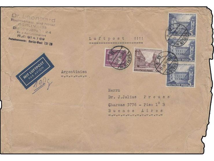 5 M. im senkrechten 3er-Streifen und 2 M. sowie Bauten III 40 Pfg. als portogerechte Frankatur auf Luftpost-Brief bis 190 g. 