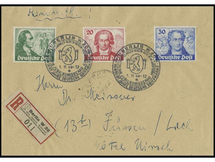 Goethe 10-30 Pfg. kpl. auf Einschreibe-Brief mit SST "BERLIN W 30/1.11.49 HUNDERT JAHRE DEUTSCHE BRIEFMARKE..." und entsprech