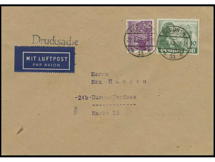 10 Pfg. und Bauten 6 Pfg. als portogerechte Frankatur auf Luftpost-Drucksachenumschlag bis 40 g von "BERLIN SW 11 22.2.50" na
