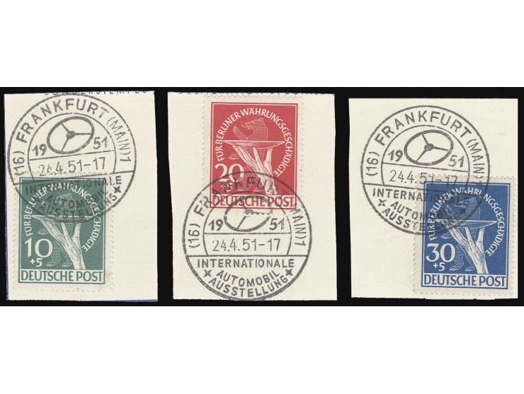 Währungsgeschädigte 10-30 Pfg. kpl. mit jeweils Sonderstempel "FRANKFURT INTERNATIONALE AUTOMOBILAUSSTELLUNG 24.4.51" auf 3 B