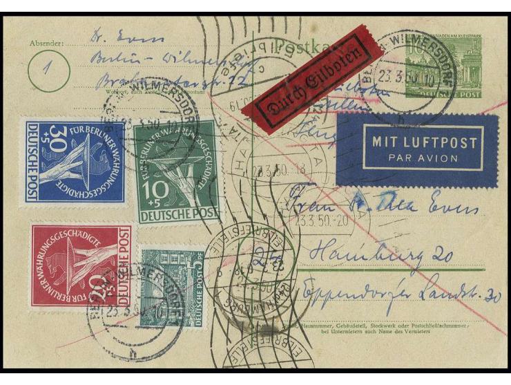 10-30 Pfg. kpl. und Bauten 5 Pfg. auf Karte Bauten 10 Pfg. als Luftpost-Eilboten-Karte von "BERLIN-WILMERSDORF 23.3.50" mit v