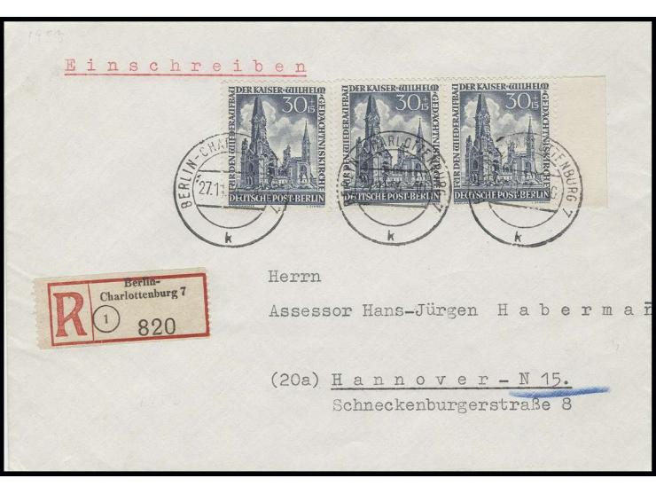 1953, Gedächtniskirche 30 Pfg. im waagerechten Paar und Einzelwert als portogerechte Mehrfachfrankatur auf Einschreibe-Brief 