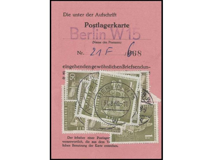 1956, Stadbilder 1 M. (5) und 50 Pfg. (4) rückseitig auf Postlagerkarte aus Berlin W 15 vom 1.9.59 mit mehrfacher Verlängerun