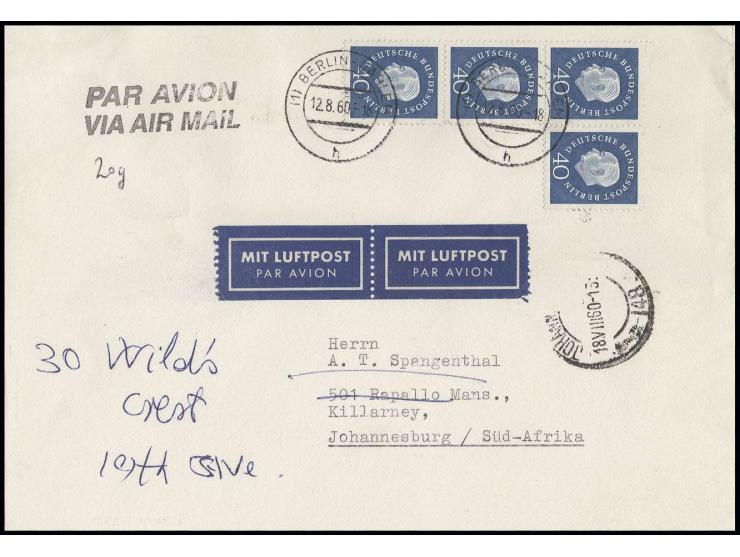 1959, Heuss 40 Pfg., 4 Stück als Einheit inkl. waagerechtem Paar als portogerechte Mehrfachfrankatur auf Luftpostbrief bis 20