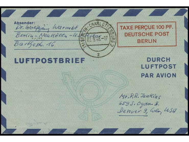 GANZSACHEN: 1948, Luftpostfaltbrief 100 PF. in Type I, gebraucht mit viel Text von "BERLIN-CHARLOTTENBURG 2 2.9.48" via Frank
