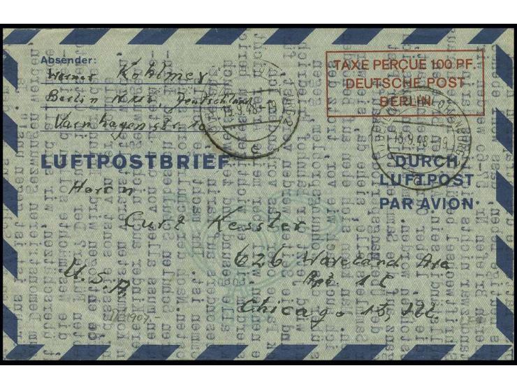 100 PF. mit viel Text von "BERLIN-CHARLOTTENBURG 2 13.9.48" mit Absender aus dem Sowjetischen Sektor via Frankfurt in die USA