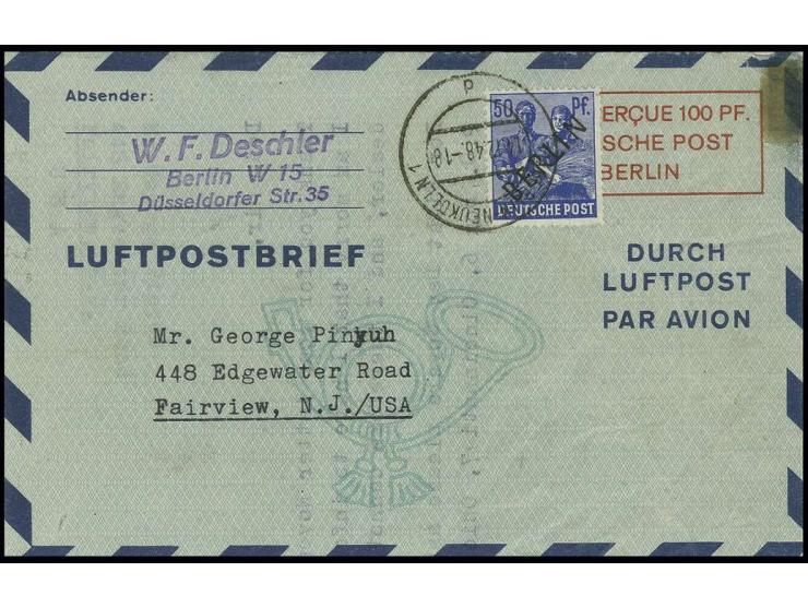 100 PF., Type II, mit Zufrankatur Schwarzaufdruck 50 Pfg. als Luftpostbrief bis 15 g von "BERLIN-NEUKÖLLN 1 14.12.48" mit Tex