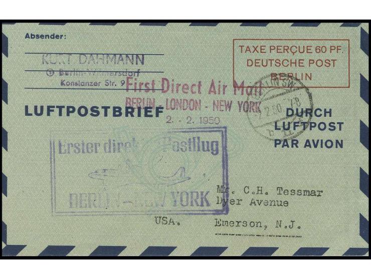 1949, Luftpostleichtbrief 60 PF. von "BERLIN SW 11 2.2.50" mit Nebenstempel "First Direct Air Mail...." und "Erster direkter 