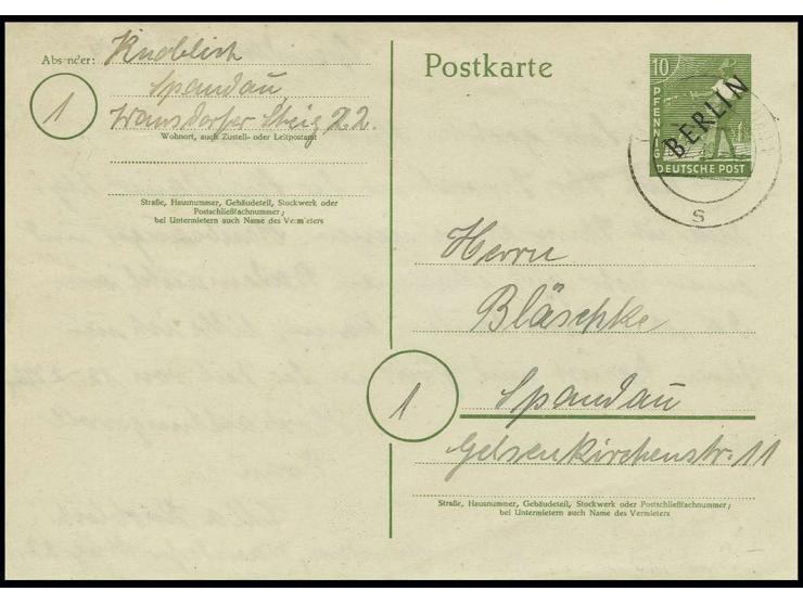 Karte Schwarzaufdruck 10 Pfg. auf weißem, dünnen Papier bedarfsgebraucht von "BERLIN-SPANDAU 18.2.49" im gleichen Ortsbezirk,