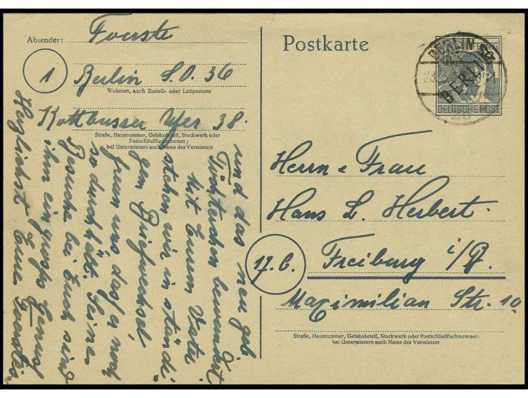 Karte 12 Pfg. auf gelblichem Karton, gebraucht von "BERLIN SO 26 28.3.49" mit viel Text nach Freiburg, oben mit kleinem Einri