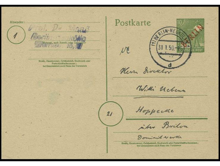 Karte Rotaufdruck 10 Pfg. gebraucht mit viel Text von "BERLIN-NEUKÖLLN 31.1.50 nach Hoppecke über Brilon, letzter Tag der Gül