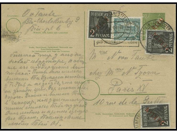 Karte 10 Pfg. mit Zufrankatur Bauten 5 Pfg. als Karte von "BERLIN-CHARLOTTENBURG 18.7.49" nach Paris, da unterfrankiert vom P