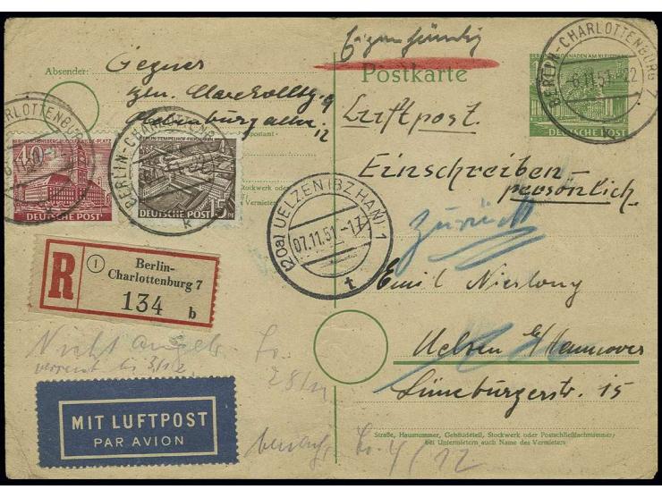 Karte Bauten 10 Pfg. mit Zufrankatur Bauten 40 Pfg. und 15 Pfg. als Einschreibe-Eigenhändig-(Luftpost)-Karte von "BERLIN-CHAR