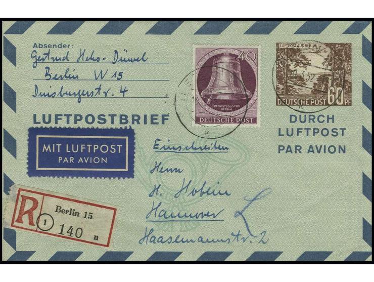 1952, Luftpostfaltbrief 60 Pfg. mit Zufrankatur Glocke I 40 Pfg. als Einschreibe-Luftpostbrief von "BERLIN W 15 10.3.52" ohne