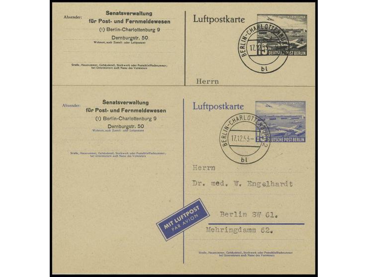 1953, Luftpostkarte Flughafen Berlin 15 Pfg. mit amtlichen Zudruck OPD mit Ankündigungstext, gebraucht von "BERLIN-CHARLOTTEN