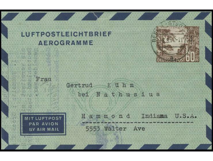 60 Pfg. von "BERLIN-STEGLITZ 8.9.54" in die USA, innen mit polizeilicher Meldebescheinigung inkl. 1 DM Gebührenmarke der Stad