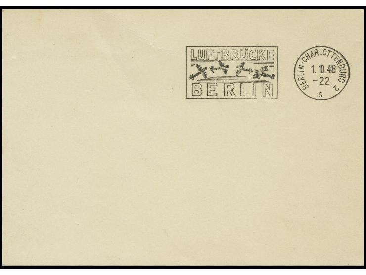 BESONDERHEITEN: 1948, Maschinenstempel "LUFTBRÜCKE BERLIN" von "BERLIN-CHARLOTTENBURG 2 1.10.", klarer Probeabschlag auf Blan