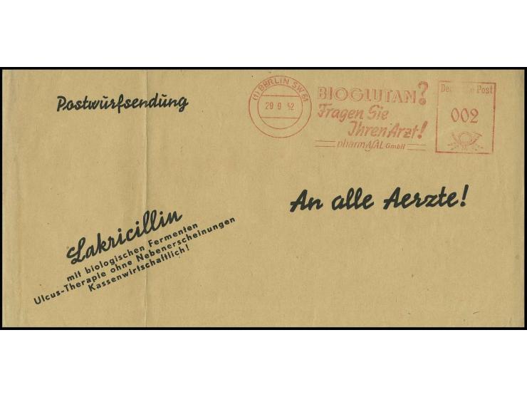 2 Pfg. Absenderfreistempel der Fa. Pharmasal auf Vordruckumschlag "Postwurfsendung" von "BERLIN SW 61/29.9.52" an alle Ärzte,
