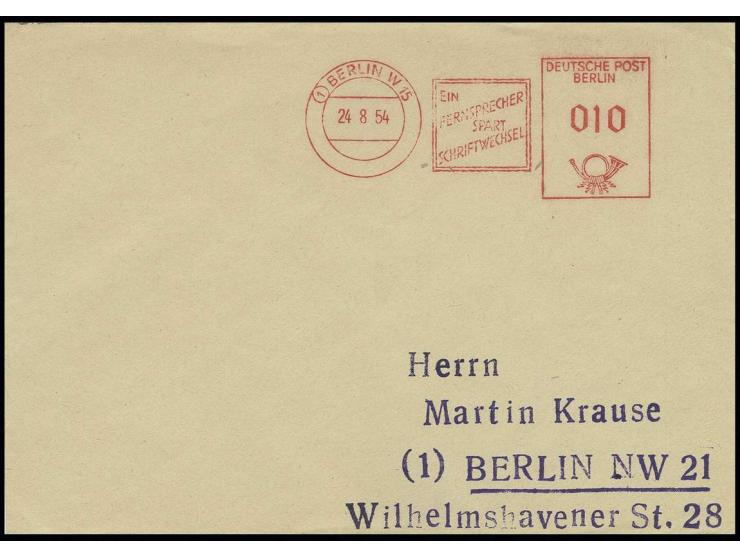 24.8.54., 10 Pfg. Münzfreistempel (sog. "Beamtentod") vom 1. Standort Berlin W 15 auf Brief nach Berlin NW 21, Ersttag für di
