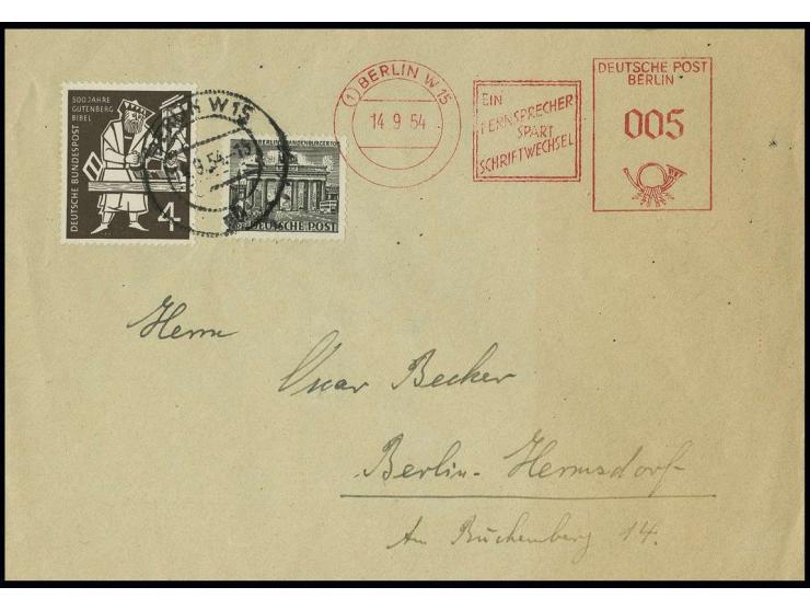 14.9.54, 5 Pfg. Münzfreistempel (sog. "Beamtentod") vom 1. Standort Berlin W 15 in Mischfrankatur Bauten 1 Pfg. und Gutenberg