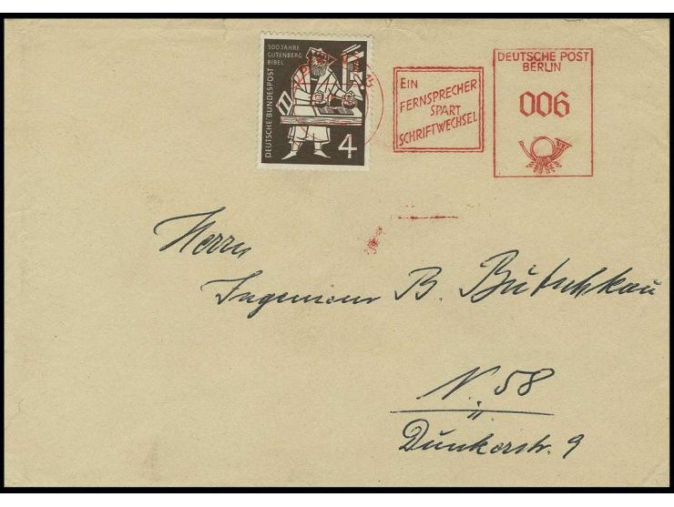 15.10.54., 6 Pfg. Münzfreistempel (sog. "Beamtentod") vom 1. Standort Berlin W 15 als Entwerter auf Brief mit Gutenberg 4 Pfg