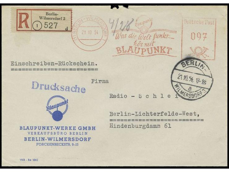 97 Pfg. Absenderfreistempel der Fa. Blaupunkt als portogerechte Freimachung auf Einschreibe-Rückschein-Drucksachenumschlag vo