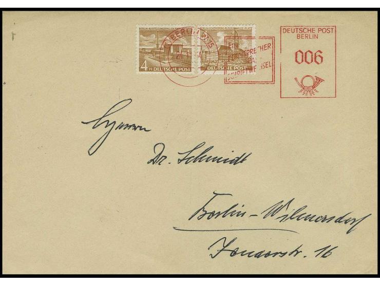 24.11.54., 6 Pfg. Münzfreistempel (sog. "Beamtentod") vom 1. Standort Berlin W 15 als Entwerter auf Brief mit Bauten 4 Pfg. (