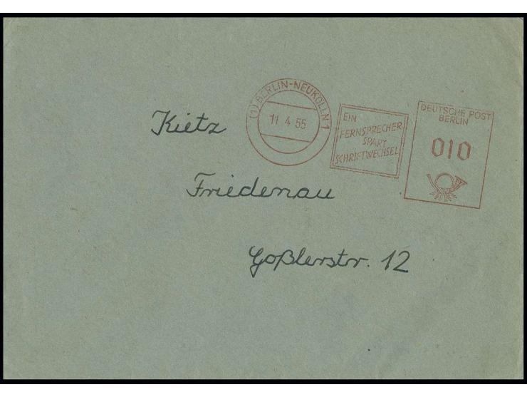 11.4.55., 10 Pfg. Münzfreistempel (sog. "Beamtentod") vom 2. Standort Berlin-Neukölln auf Ortsbrief