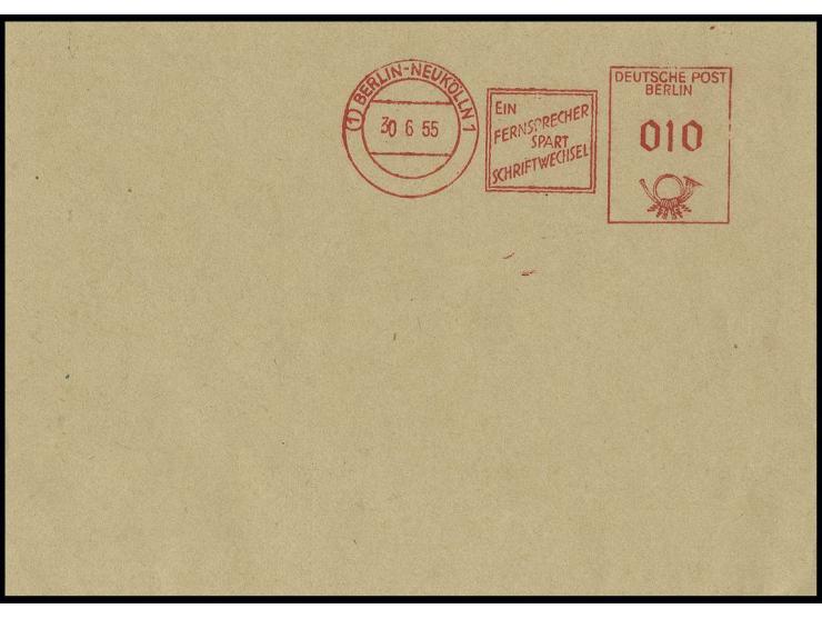 30.6.55, 10 Pfg. Münzfreistempel (sog. "Beamtentod") vom 2. Standort Berlin-Neukölln, Blanko-Abschlag auf Umschlag, recht spä