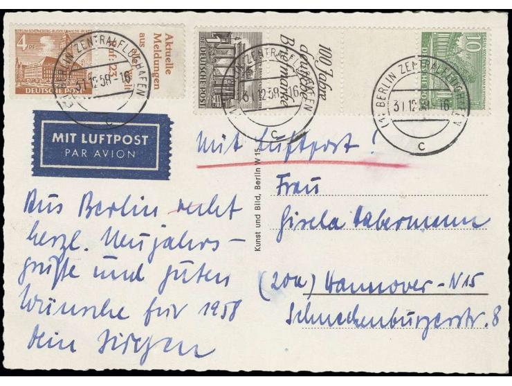 1949, Bauten 10 Pfg.+Z+R1d+1 Pfg. mit durchgezähntem Zwischensteg und 4 Pfg.+1R1c als portogerechte Frankatur auf Luftpost-Ka