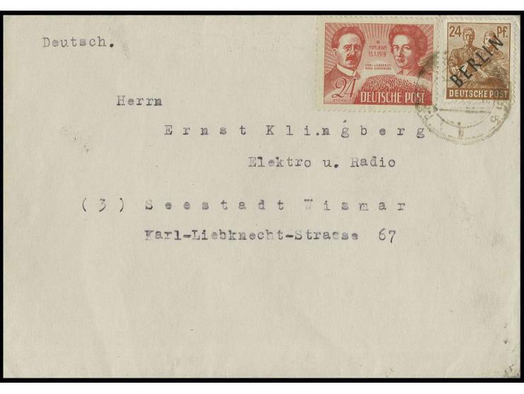 POSTKRIEG: Schwarzaufdruck 24 Pfg. in Doppelfrankatur mit Liebknecht/Luxemburg 24 Pfg. auf Brief von "BERLIN-CHARLOTTENBURG 5