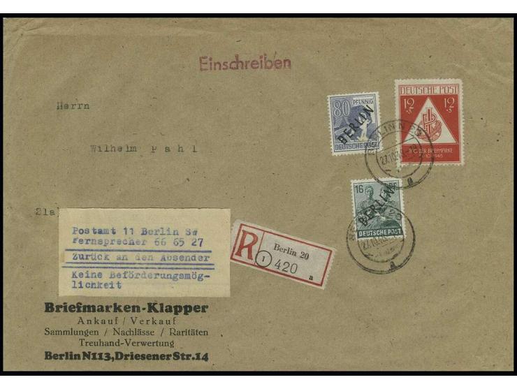 80 Pfg. und 16 Pfg. in Mischfrankatur mit SBZ Tag der Briefmarke 12 Pfg. auf Einschreibe-Brief der 2. Gewichtsstufe von "BERL